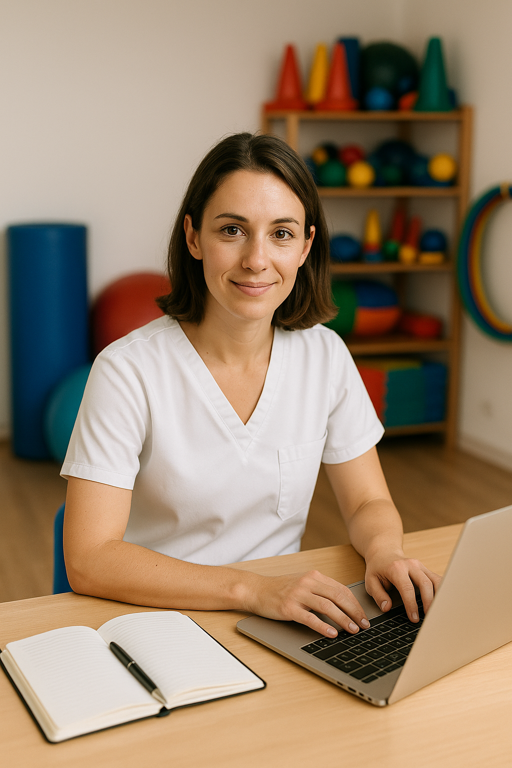 Psychomotricienne souriante rédigeant un bilan dans son cabinet avec matériel thérapeutique